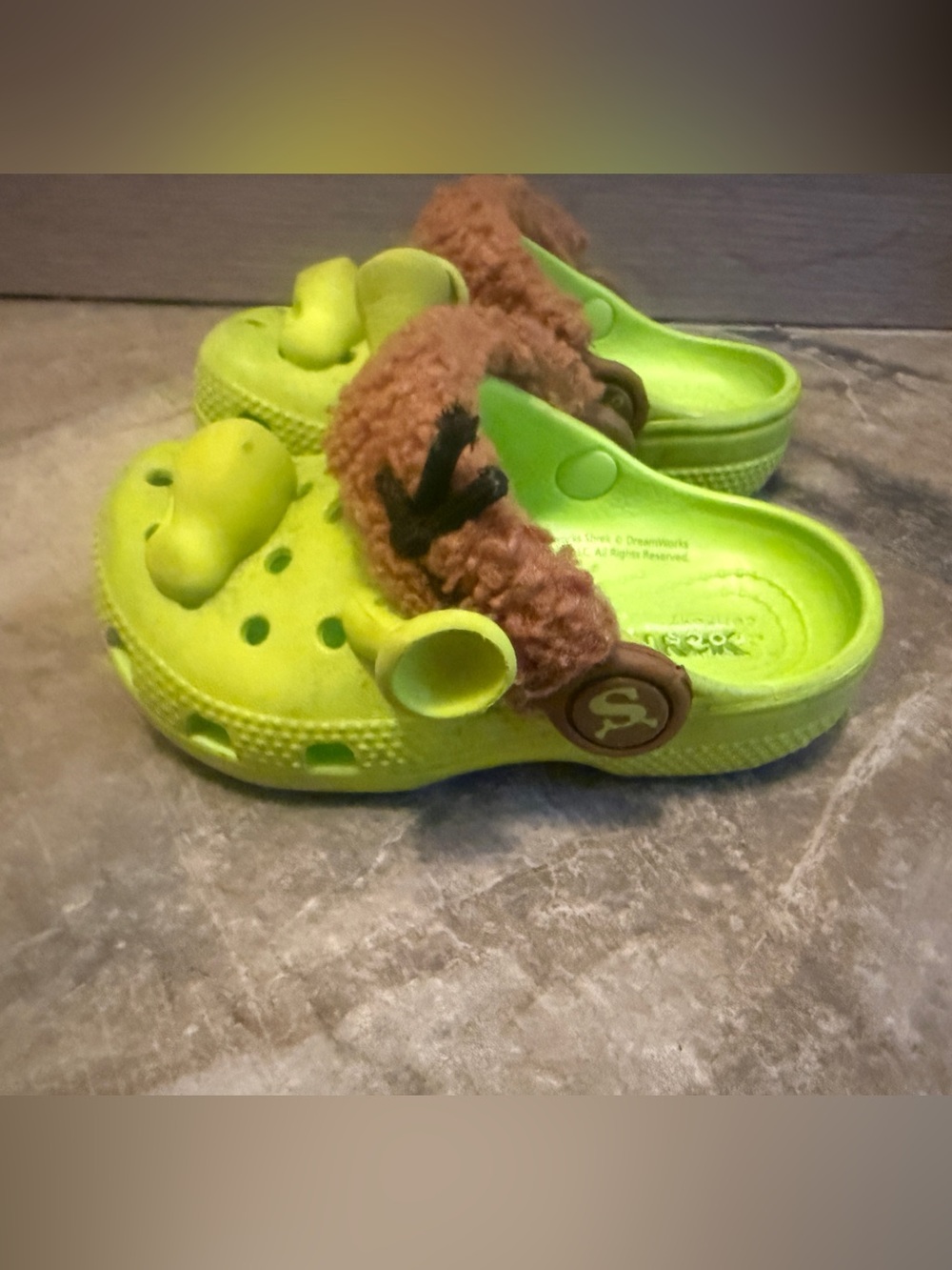 CROCS Kids Neon Green Clog Sandals with Brown Fuzzy Lining